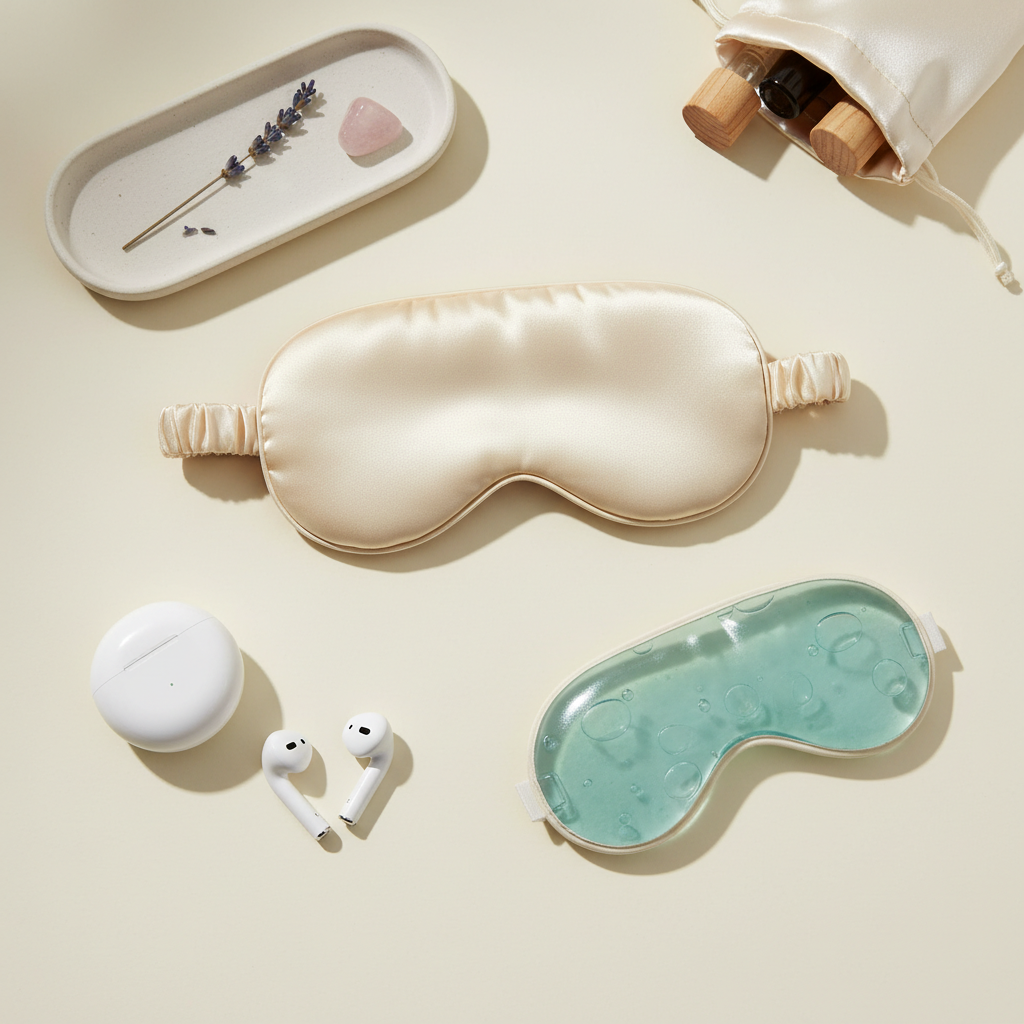 Masque de sommeil flat lay avec accessoires
